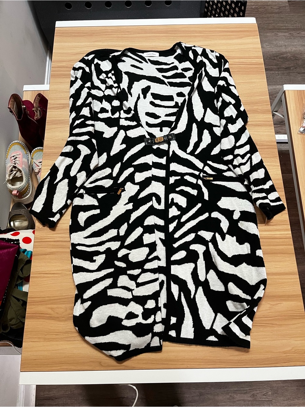 Calvin Klein Black and White Zebra Print Open Cardigan